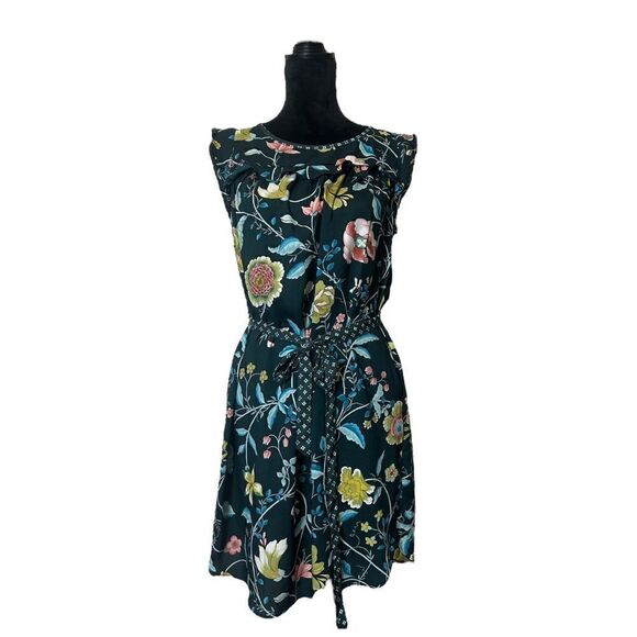 Loft Green Floral Flutter Cap Sleeve Belted Dress Size Small - Picture 3 of 16